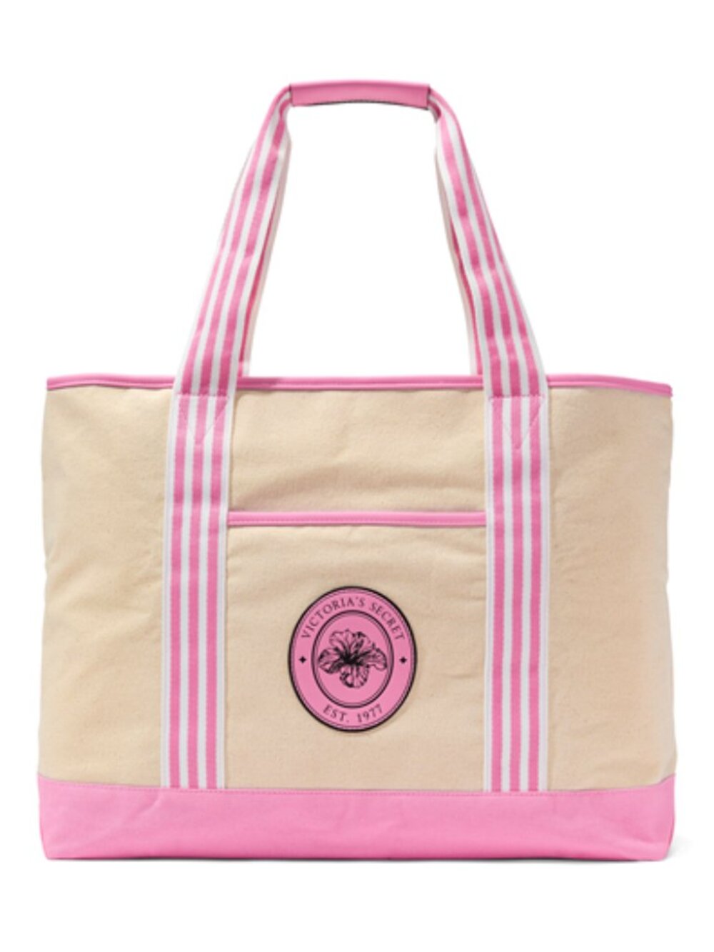 Victoria's Secret Canvas Beige Tote Bag w/ Pink Striped Handles NWT